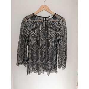 Ultra Pink Women's Sheer Black Gold Embroidery Top Blouse Whimsy Fairy Goth SZ M